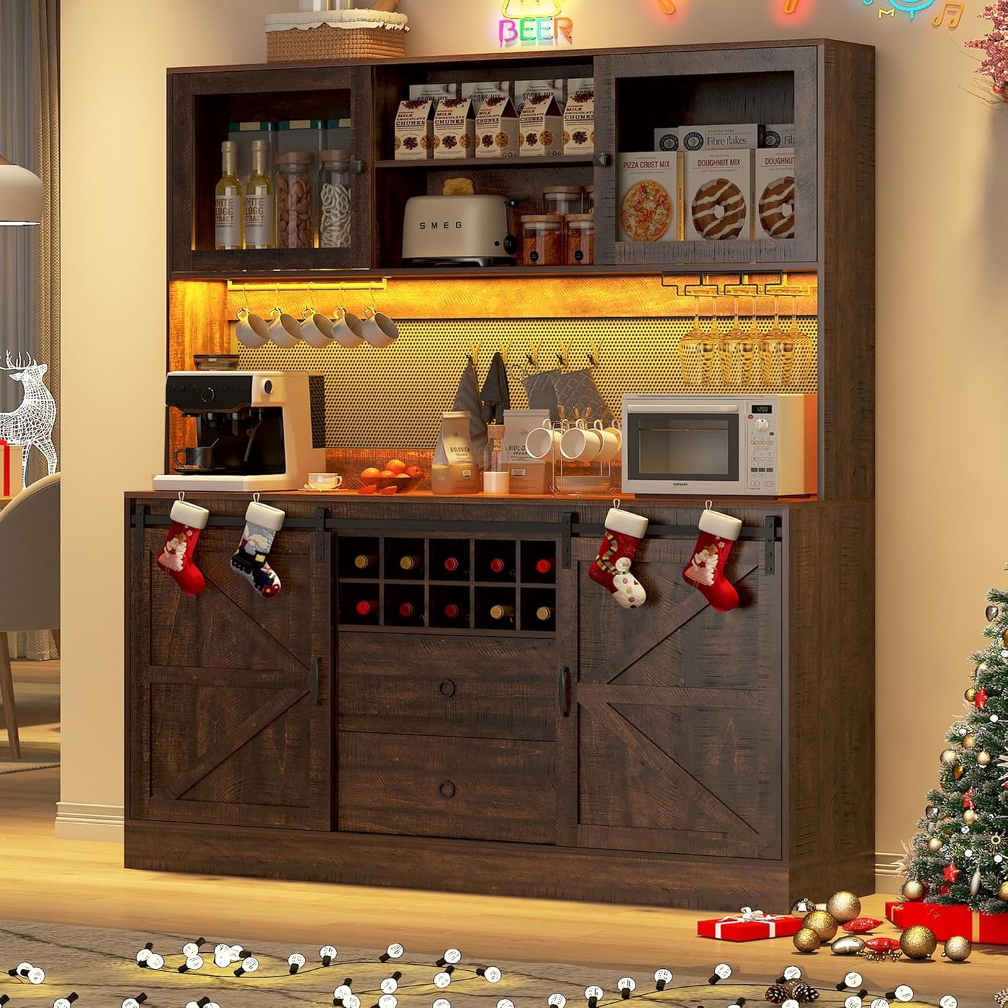 74" Tall 63" Wide Large Coffee Bar Cabinet w/Outlet,6000-color LED Light,Pegboard,Farmhouse Hutch Cabinet w/Barn Door,2 Big Drawers,Adjustable Shelves,10 Wine & Glasses Rack,5 Hook for Kitchen,Brown