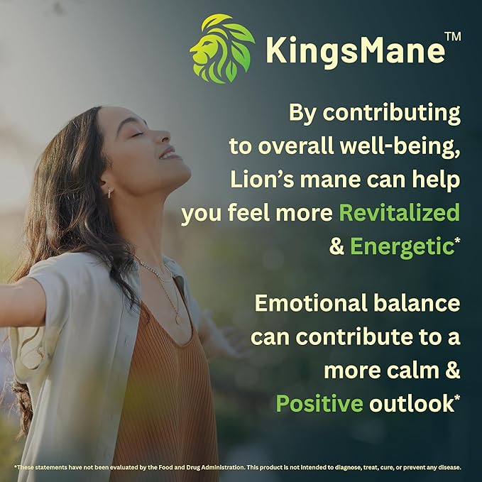 KingsMane™ Organic Lion's Mane Mushroom Supplement, Memory, Focus, & Clarity Brain Support, 1200mg, 60 Capsules