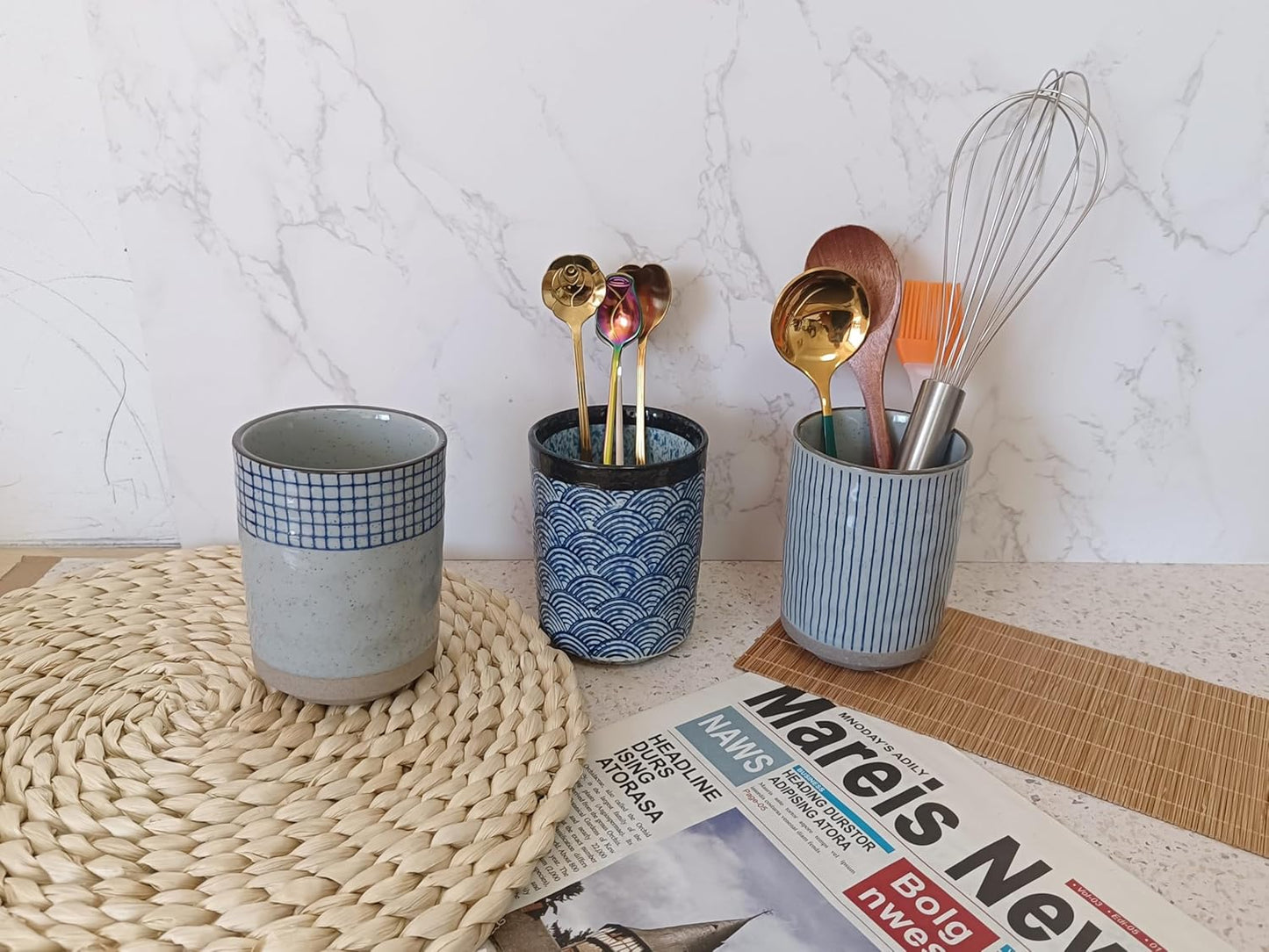 Stoneware Coffee Bar Utensil Holder Tea & Coffee Spoon & Stirrer Holder for Stir Stick Straw Teaspoon Holder Spoon Cup Small Utensil Jar (Blue Chequer)