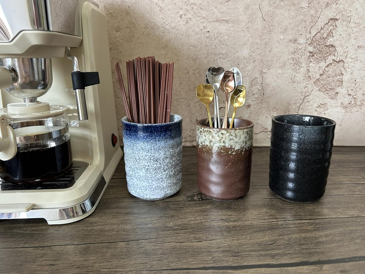 Stoneware Coffee Bar Utensil Holder Tea & Coffee Spoon & Stirrer Holder for Stir Stick Straw Teaspoon Holder Spoon Cup Small Utensil Jar (Retro Rustic Brown)
