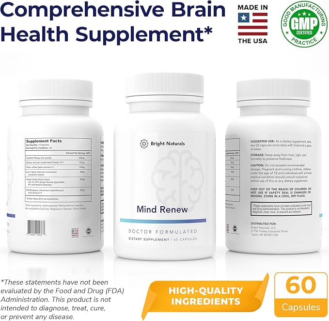 Mind Renew - Brain Supplement Supports Memory, Focus, and Cognition - with Lion's Mane and Ginkgo Biloba Extract - Made in The USA, 60 Capsules