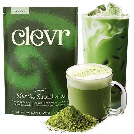Clevr Blends Organic Matcha Green Tea Latte, Instant Ceremonial Grade, Superfood Powder Blend with Oat Milk, Lions Mane, Reishi Mushroom, Coconut Cream, Ashwagandha, Serve Hot or Iced, (30 Lattes)