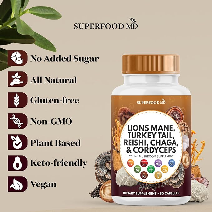 Lions Mane 3000mg 20in1 Mushroom Supplement with Turkey Tail 2000mg Reishi 1000mg Cordyceps Chaga 1000mg with Marshmallow Root - 180 Count