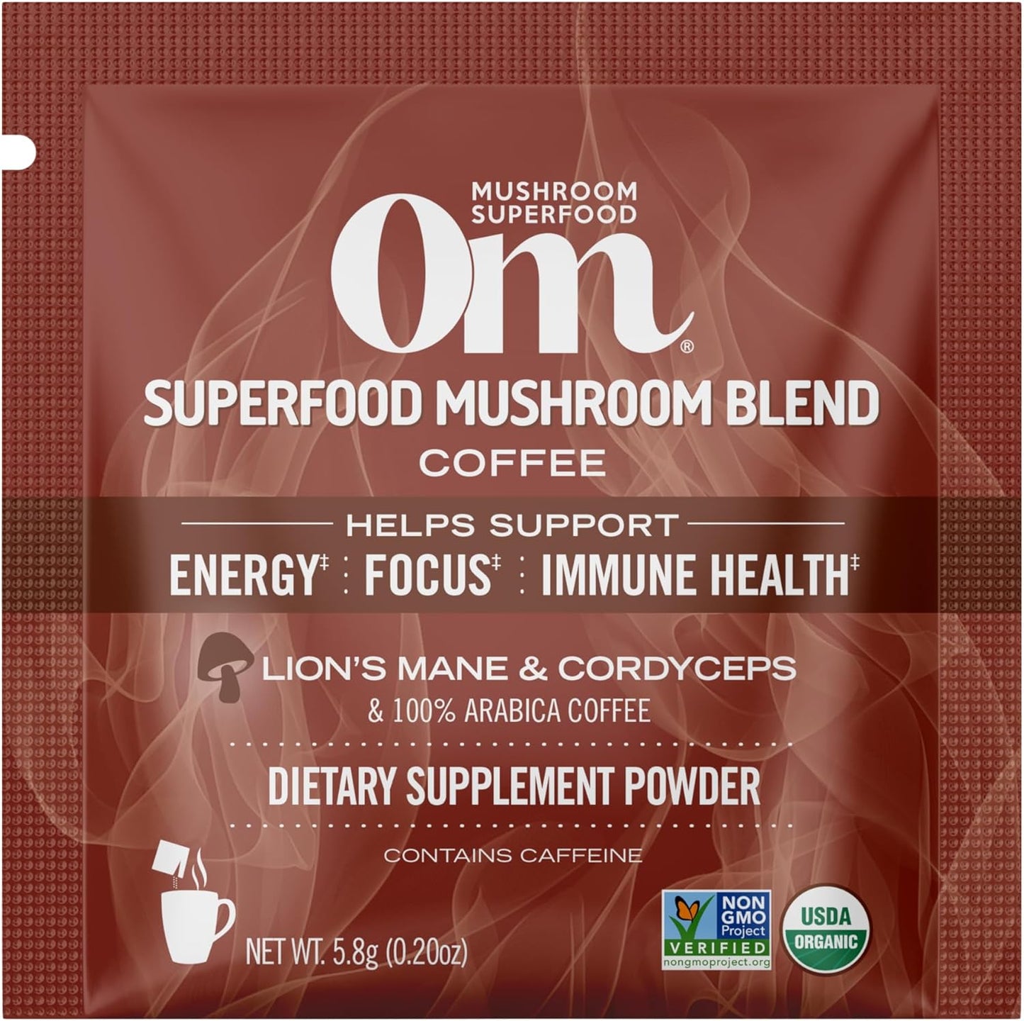 OM MUSHROOM SUPERFOOD Coffee Blend Mushroom Powder, Single Serve, 10 Count, Organic Arabica Beans, Lion's Mane, Cordyceps, Turkey Tail, Reishi Extract, Ginkgo Biloba, Supports Energy and Focus