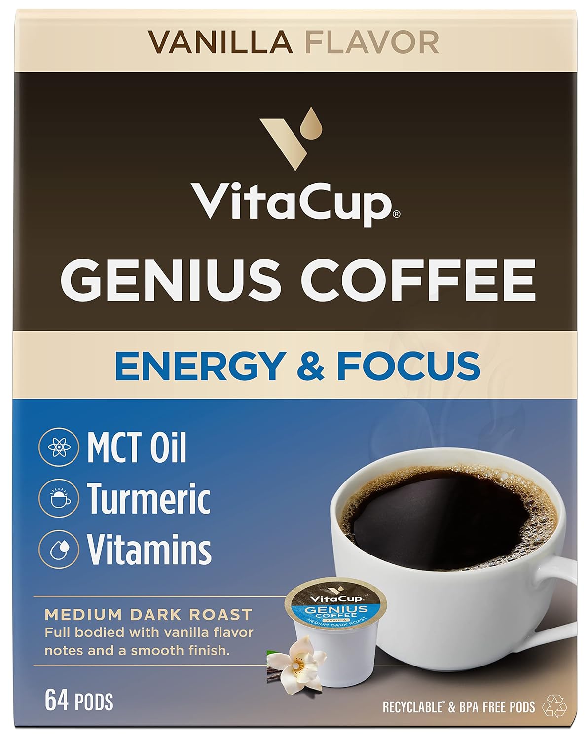 VitaCup Genius Vanilla Keto Coffee Pods w/MCT Oil, Turmeric, B Vitamins, & D3 for Energy & Focus in Recyclable Single Serve Pod Compatible with K-Cup Brewers Including Keurig 2.0, 64 CT