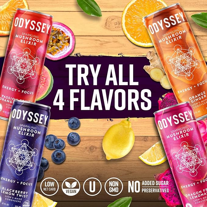 Odyssey Elixir Functional Beverage - Adaptogen Drink with Lions Mane, Cordyceps, L Theanine & Green Tea Caffeine - for Cognition, Energy & Mood Boost - 0 Added Sugar - Blackberry Lemonade - 12 Pack