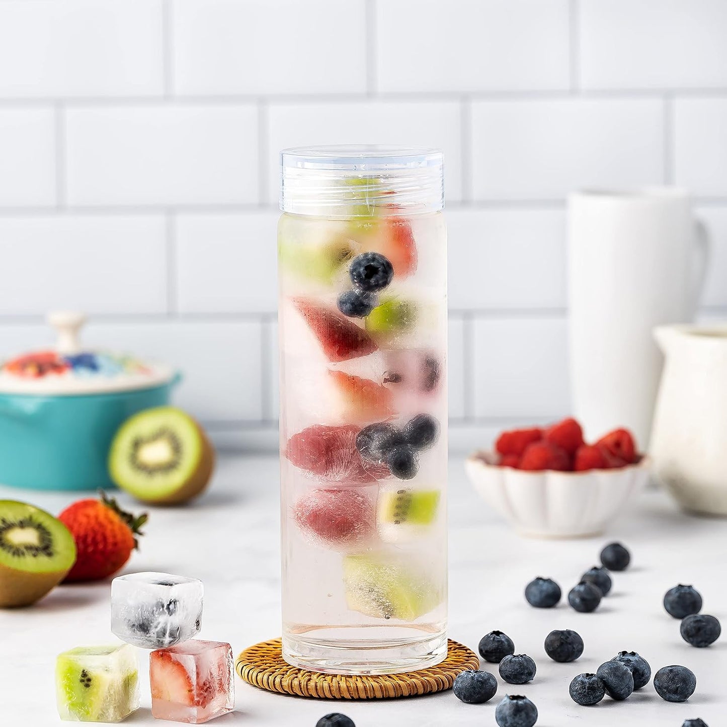 Glass Water Bottles - 4 Pack Wide Mouth Juice Bottles with Clear Lids for Juicing, Smoothies, Fruit Water, Teas, Beverage Storage - 16oz, Leakproof, Reusable, Borosilicate