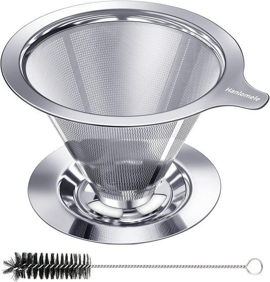 Pour Over Coffee Dripper, Paperless Reusable Coffee Filter, Pour Over Coffee Maker for Single Cup Brew, Double Mesh Design of Stainless Steel Cone Filter for Perfect Extraction (1-2 Cup)
