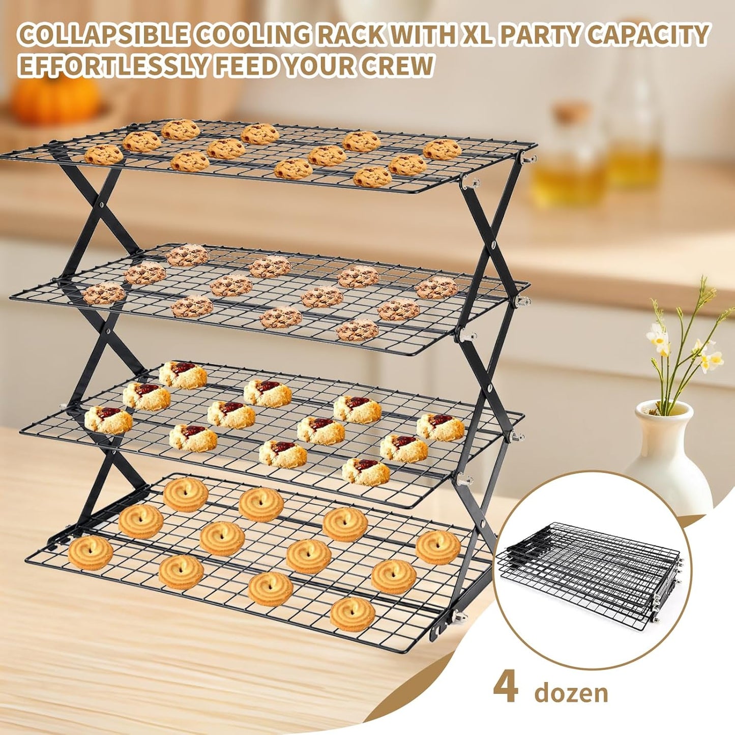 Cooling Racks for Cooking and Baking，2/3/4-Tier Upgraded Collapsible Cooling Rack，Adjustable 3 Setting Stackable Design，Nonstick Wire Rack for Baking，Roasting，Drying，Cookie，Cake，Muffins，Space Saving