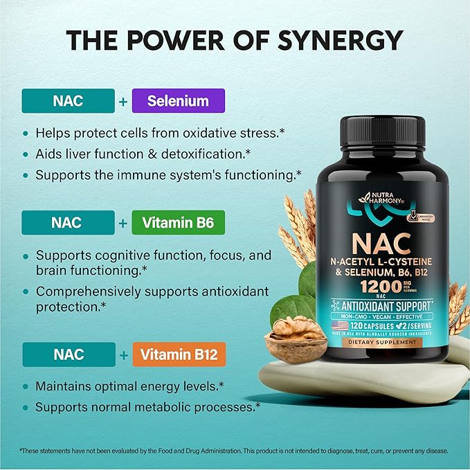 NAC Supplement | Selenium | B6 | B12 - Antioxidant, Immune Support - N Acetyl Cysteine 600 mg per Capsule, 1200 mg per Serving - Made in USA - Non-GMO, Gluten-Free, Vegan - 2 Month Supply