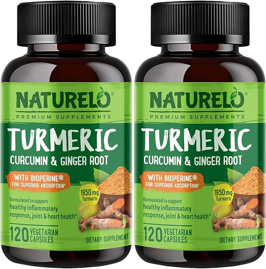 NATURELO Turmeric Curcumin with BioPerine - Ginger Root, Black Pepper, Curcuminoids - Relief for Stiff, Sore Joints - 120 Vegan Capsules (2 Pack)