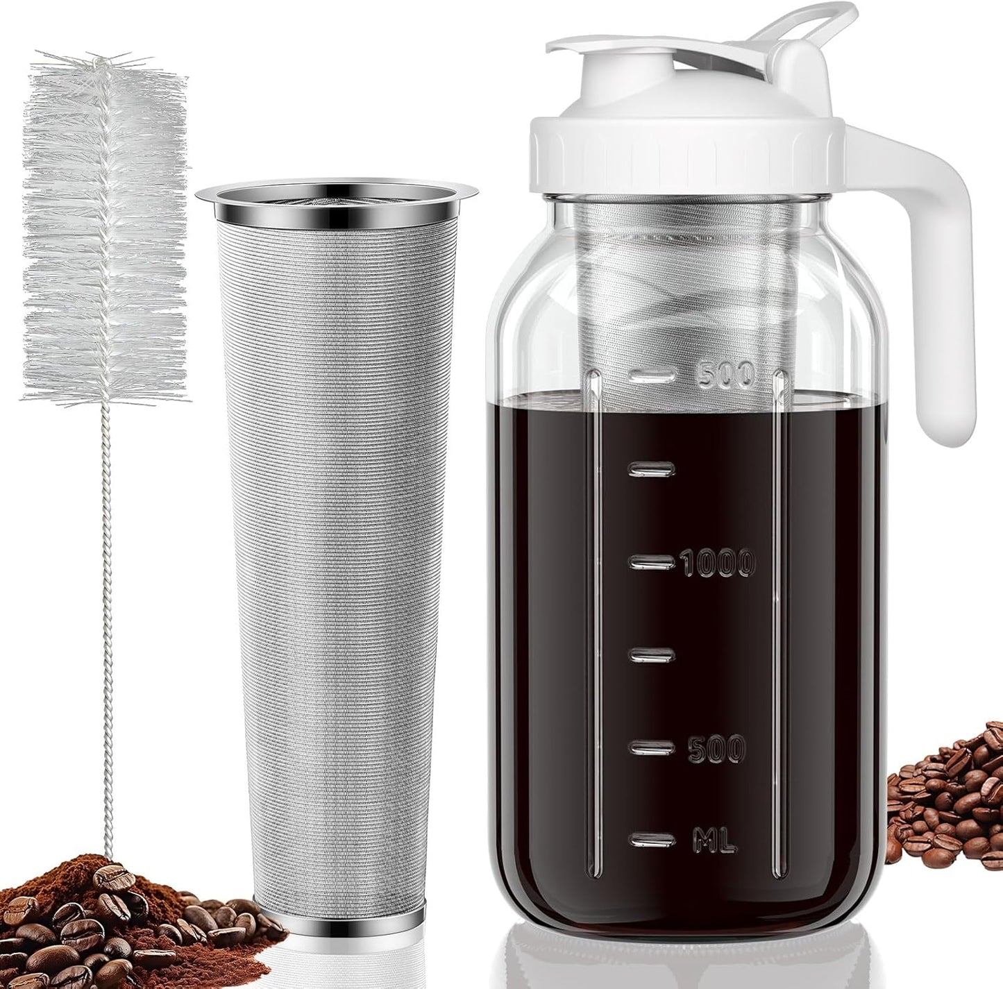 Cold Brew Coffee Maker Jar - 64oz Thick Glass Multipurpose Mason Pitcher Spout Lid with Handle & Stainless Steel Filter for Iced Coffee, Lemonade, Ice Tea, Homemade Fruit Drinks Container