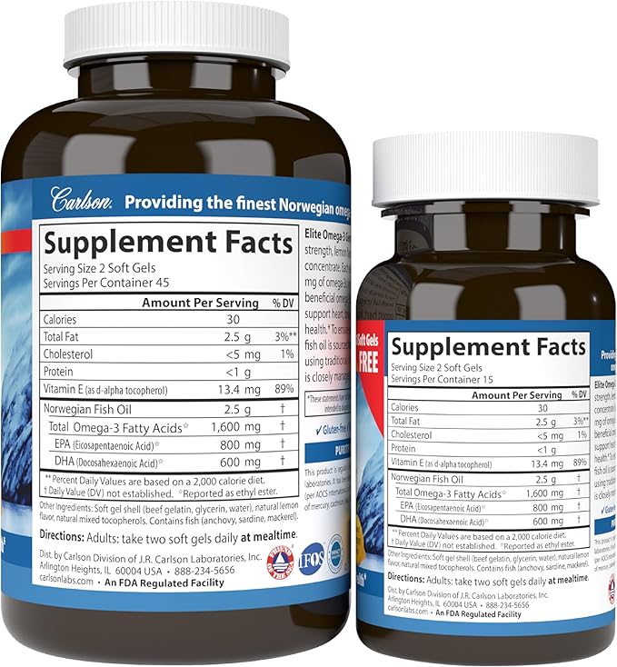 Carlson - Elite Omega-3 Gems,1600 mg Omega-3 Fatty Acids Including EPA and DHA,Norwegian, Wild-Caught fish oil Supplement,Sustainably Sourced Capsules, Lemon, 90+30 Softgels