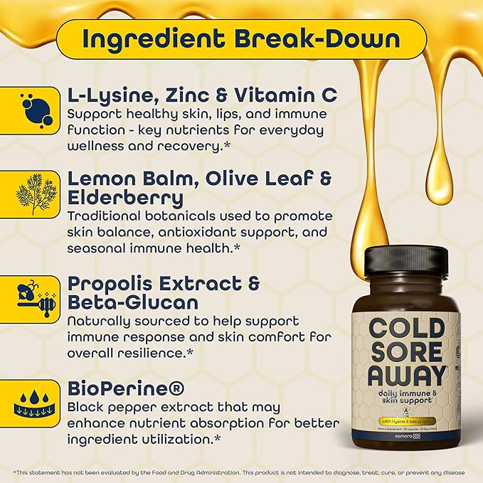 L Lysine Cold Sore Treatment Support, Herbal Cold Sore Supplement w/Zinc Picolinate, Olive Leaf Extract, Beta Glucan, & Bee Propolis for Skin & Lip Health, 90 Capsules-HarmonyPath Wellness