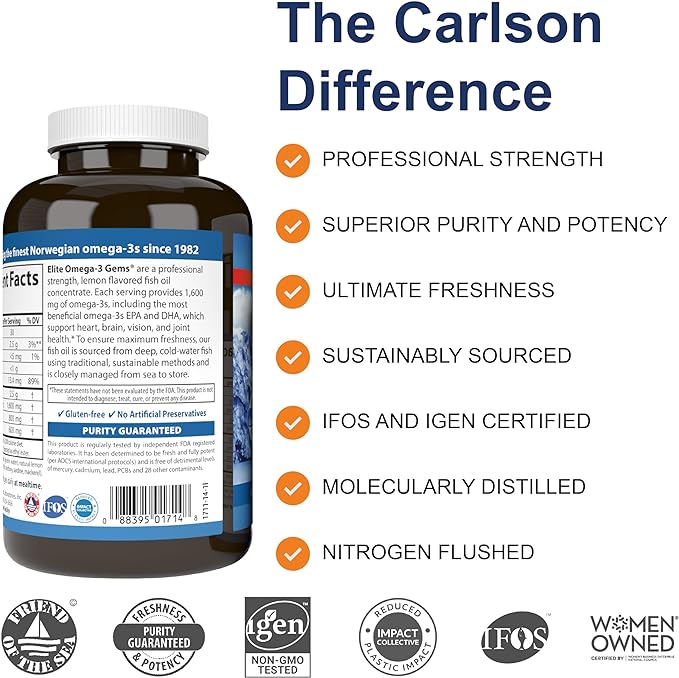 Carlson - Elite Omega-3 Gems,1600 mg Omega-3 Fatty Acids Including EPA and DHA,Norwegian, Wild-Caught fish oil Supplement,Sustainably Sourced Capsules, Lemon, 90+30 Softgels