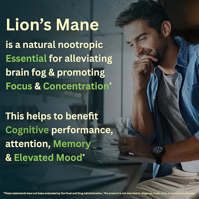 KingsMane™ Organic Lion's Mane Mushroom Supplement, Memory, Focus, & Clarity Brain Support, 1200mg, 60 Capsules