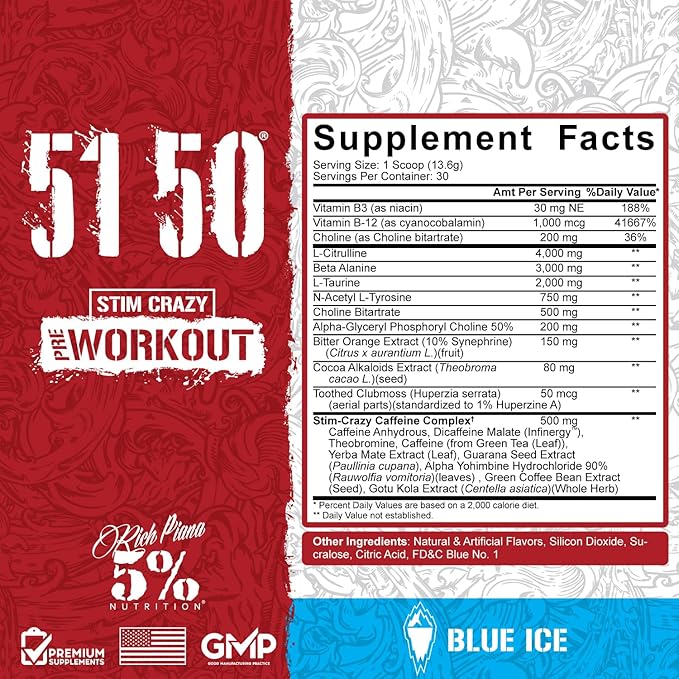 5% Nutrition Rich Piana 5150 High Stim Pre-Workout Powder | Extreme Energy, Focus, Pumps & Endurance | 400 mg Caffeine, Citrulline, Beta Alanine, N-Acetyl L-Tyrosine | 30 Srvgs (Blue Ice)