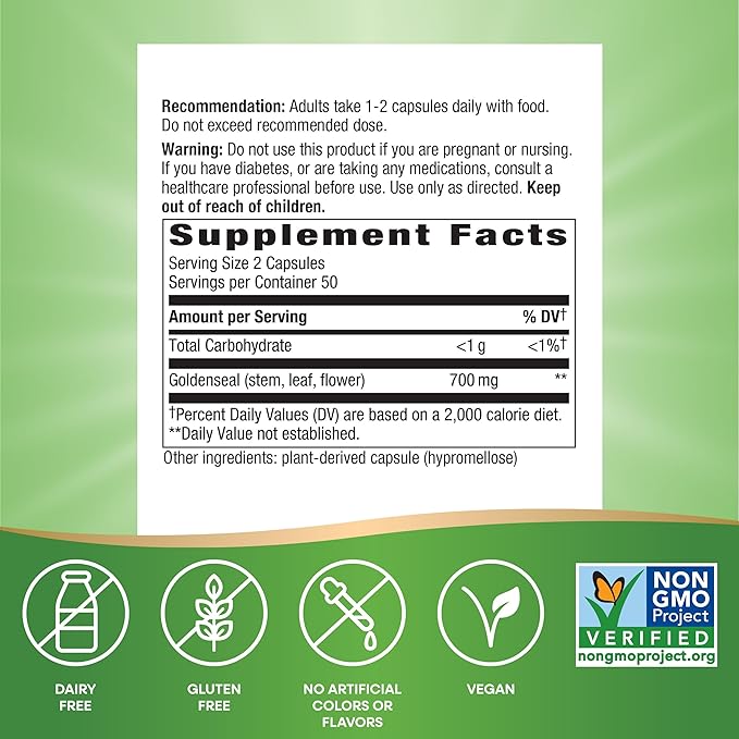 Nature's Way Goldenseal, Traditional Herb, 700 mg per 2-Capsule Serving, Non-GMO Project Verified, Vegan, 100 Capsules
