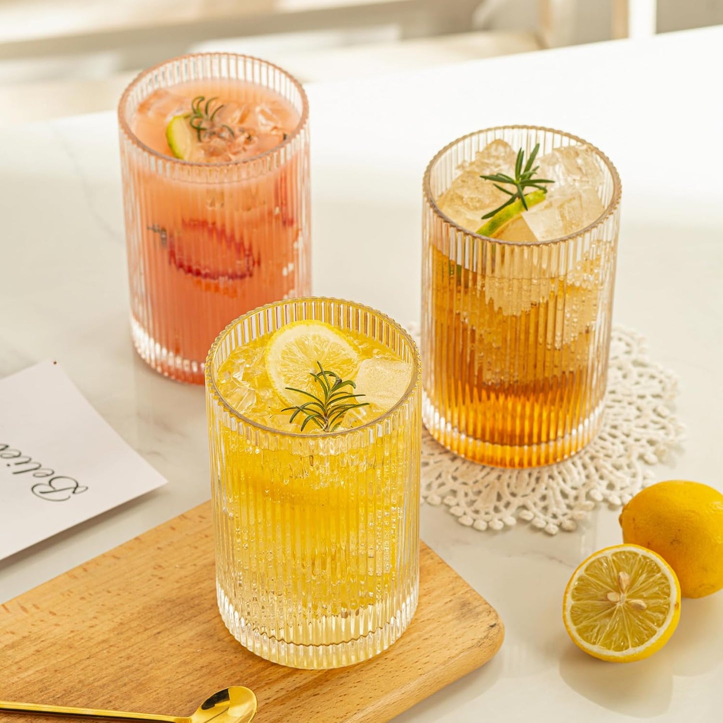 Vintage Ribbed Glassware Set: 6pcs 16.9oz XL Drinking Glasses, Fluted Ripple Drinkware, Origami Style, Elegant Glassware for Whiskey, Cocktail, Iced Coffee, Juice, Beer, Soda