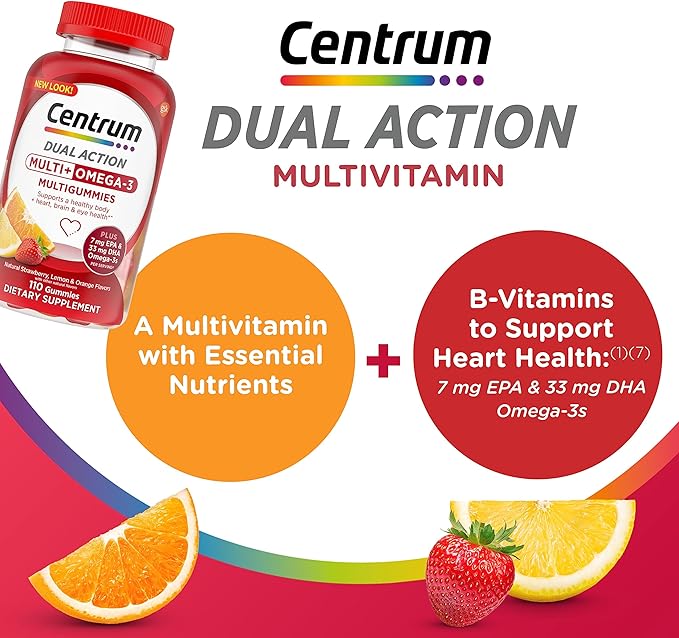 Centrum MultiGummies Multi+ Omega 3 Dual Action, Adult Multivitamin, Multivitamin/Multimineral/Omega 3 Supplement, Strawberry/Lemon/Orange Flavors - 110 Count (Pack of 5)