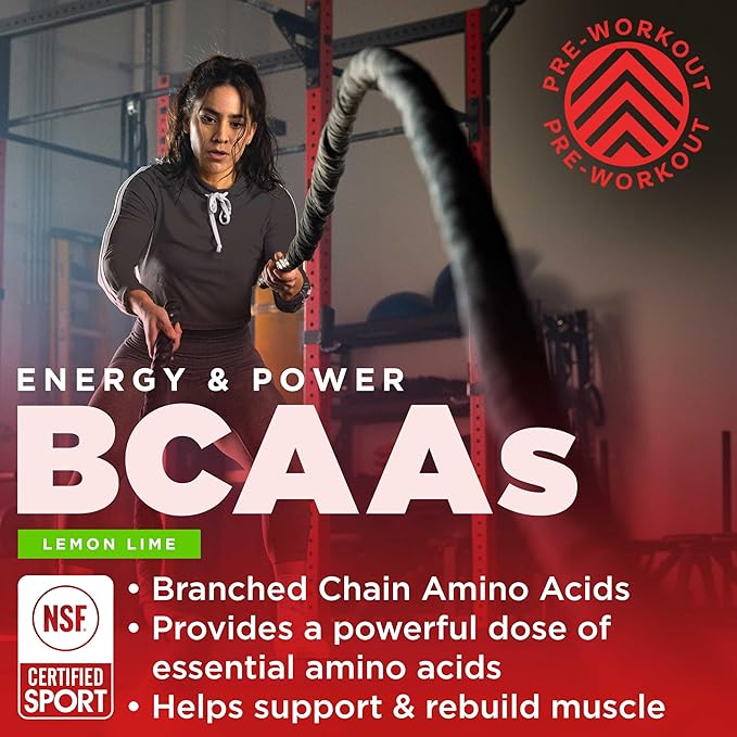 Gnarly Nutrition BCAA Powder - Pre-workout BCAAS Amino Acids, NSF Contents Certified, Supplement to Support and Rebuild Muscle - Lemon Lime, Caffeine (10.58oz)