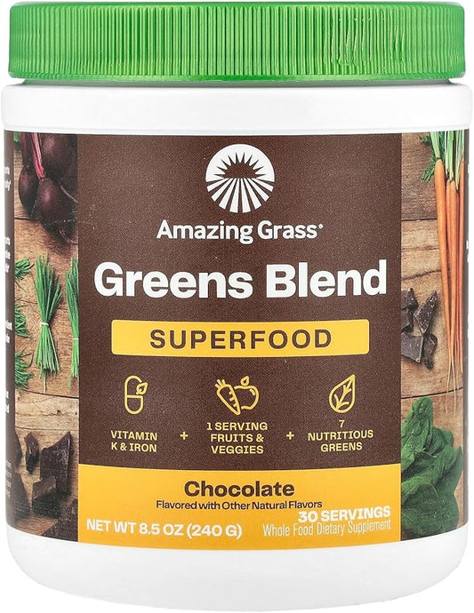 Amazing Grass Greens Superfood Powder: Greens Powder with Digestive Enzymes & Probiotics, Organic Spirulina, Chlorella, and Beet Root Powder, Chocolate, 30 Servings