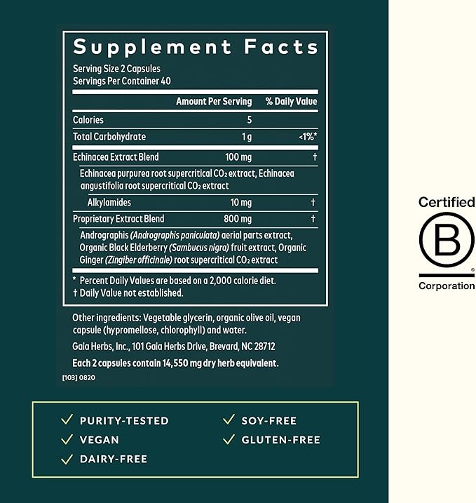 Gaia Herbs Quick Defense - Fast-Acting Immune Support Supplement for Use at Onset of Symptoms - with Echinacea, Black Elderberry, Ginger & Andrographis - 80 Vegan Liquid Phyto-Capsules (8-Day Supply)