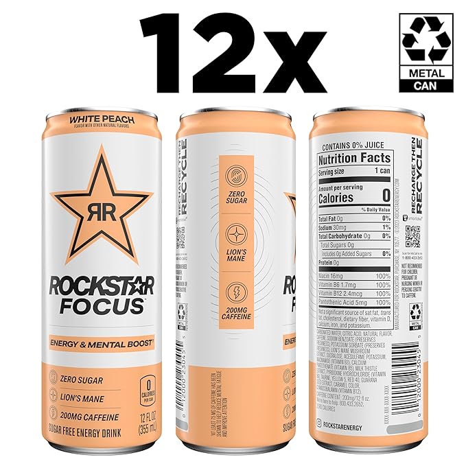 Rockstar Focus, White Peach, 12 Fl Oz Cans (Pack of 12)