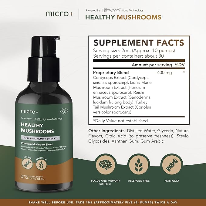 Mushroom+ by Micro+ Nootropic Brain Supplement with LifeSorb – for Focus, Memory, Cognitive Boost