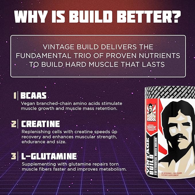 Vintage Build – Post Workout Recovery & Muscle Building Powder Drink for Muscular Strength & Growth - Reduces Soreness – Creatine Monohydrate, BCAAs, L-Glutamine – Fresh Berries Flavor – 377g-HarmonyPath Wellness