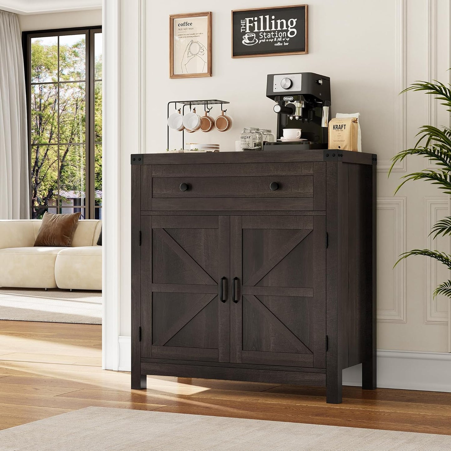 HOSTACK Coffee Bar Cabinet, Kitchen Storage Cabinet, Modern Farmhouse Buffet Sideboard with Drawer and Adjustable Shelf, Barn Door Accent Cabinets for Kitchen, Dining Room, Entryway, Dark Brown