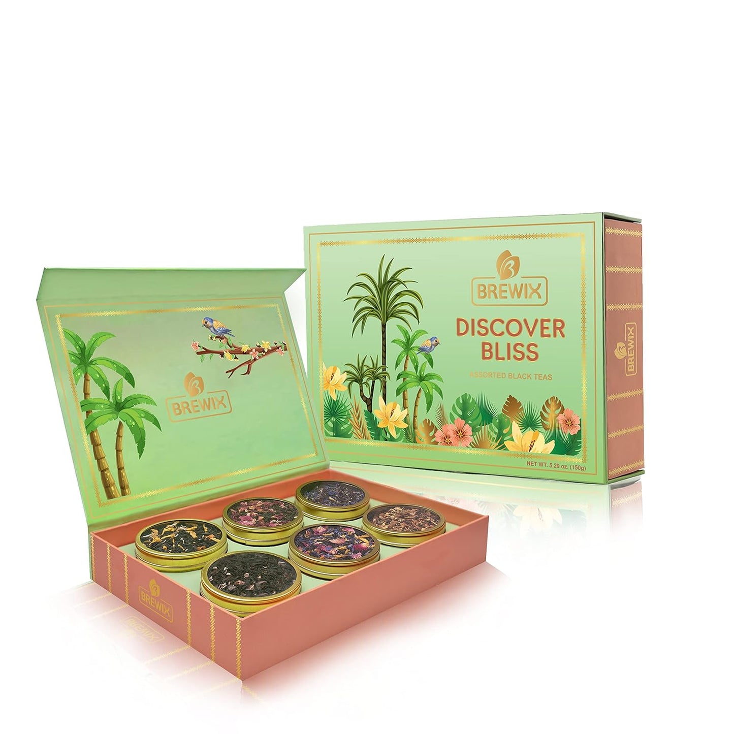 BREWIX, Discover Bliss Premium Assorted Tea Gift Set for Women (6 Premium Teas / 75+ Cup) | Tea Gift Sets For Tea Lover | Tin Caddy Presentation Box | Gifts for Her | Gifts for Women