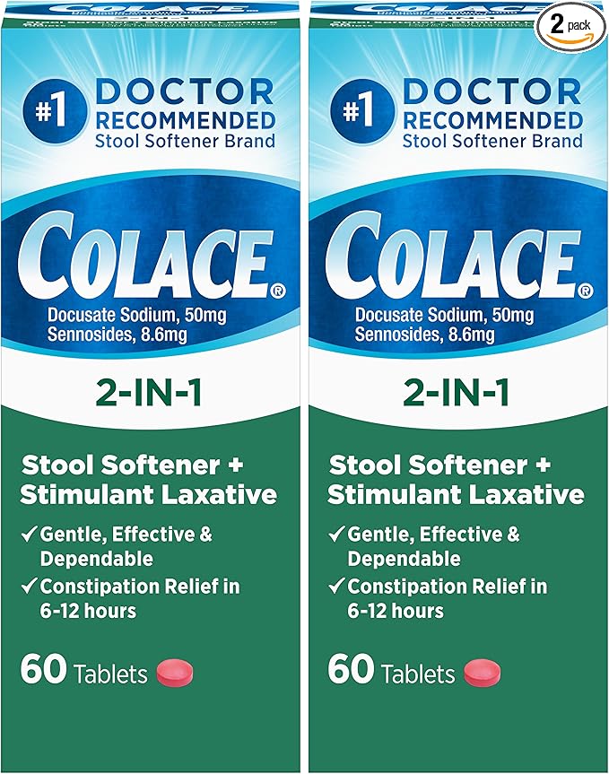 Colace 2-in-1 Stool Softener Plus Stimulant Laxative for Gentle Effective Constipation Relief, Docusate Sodium Plus Sennosides, 60 Count (Pack of 2)-HarmonyPath Wellness