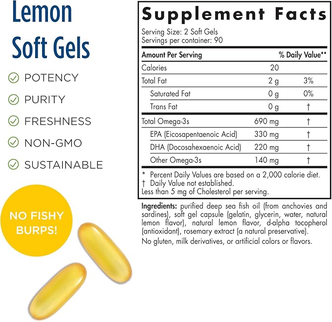 Nordic Naturals Arctic Omega, Lemon Flavor - 690 mg Omega-3-180 Soft Gels - Fish Oil - EPA & DHA - Immune Support, Brain & Heart Health, Optimal Wellness - Non-GMO - 90 Servings