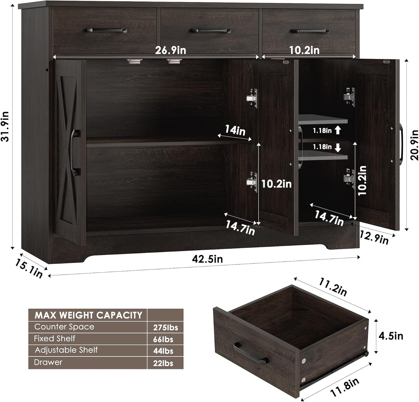 HOSTACK Modern Farmhouse Buffet Sideboard Cabinet, Barn Doors Storage Cabinet with Drawers and Shelves, Wood Coffee Bar with Storage for Dining Room, Kitchen, Living Room, Dark Brown