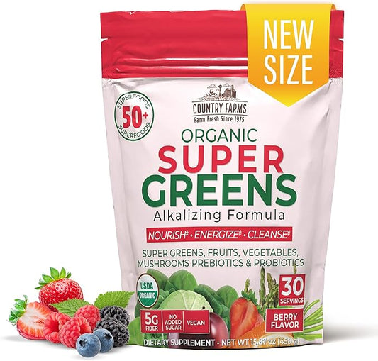 COUNTRY FARMS Super Greens Berry Flavor, 50 Organic Super Foods, USDA Organic Drink Mix (Wheat Grass, Spirulina, Chlorella) Mushrooms & Probiotics, with Fiber, Gut Health, Natural Energy, 30 Servings