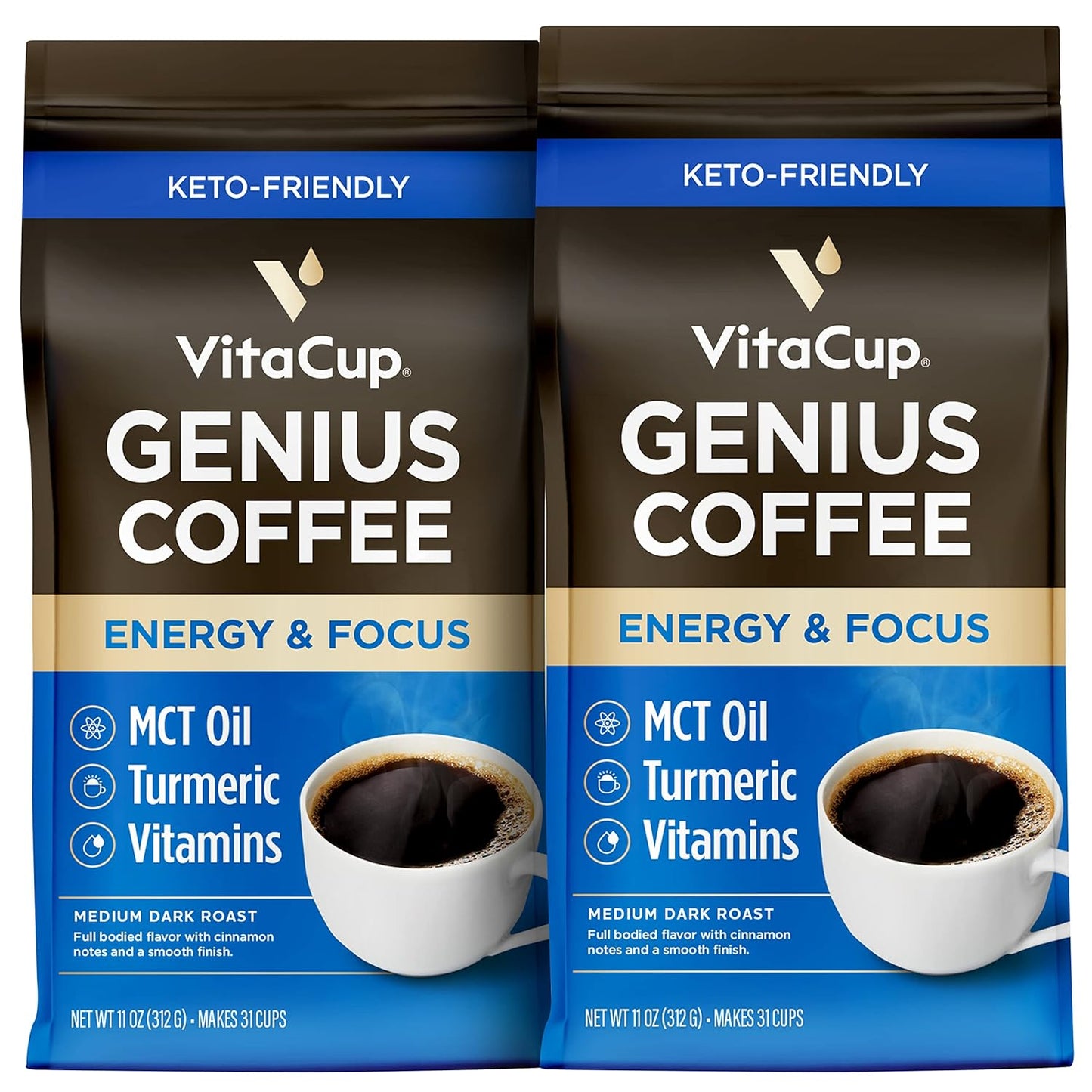 VitaCup Genius Ground Keto Coffee w/Turmeric, MCT Oil, B Vitamins, D3, Ground Coffee Medium Dark Roast, Bold & Smooth, 100% Arabica Coffee Grounds, 2 bags, 11oz each