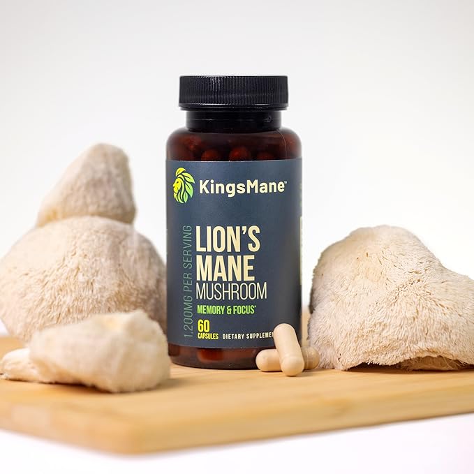 KingsMane™ Organic Lion's Mane Mushroom Supplement, Memory, Focus, & Clarity Brain Support, 1200mg, 60 Capsules