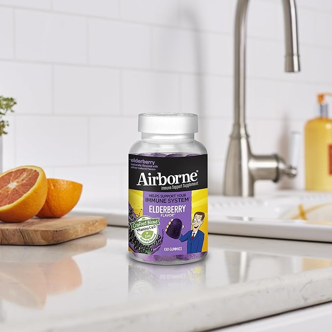 Airborne Elderberry + Zinc & Vitamin C Gummies for Adults, Immune Support with Antioxidants Vitamins C, D & E, 130 Count, Elderberry Flavor