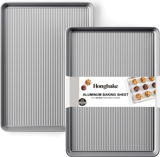 HONGBAKE Aluminum Cookie Sheets for Baking, 2-Pack Commercial Quality Half Sheet Pan, Baking Sheets Non Stick with 50 PCS Parchment Paper, 12.8 x 17.7 in, Silver