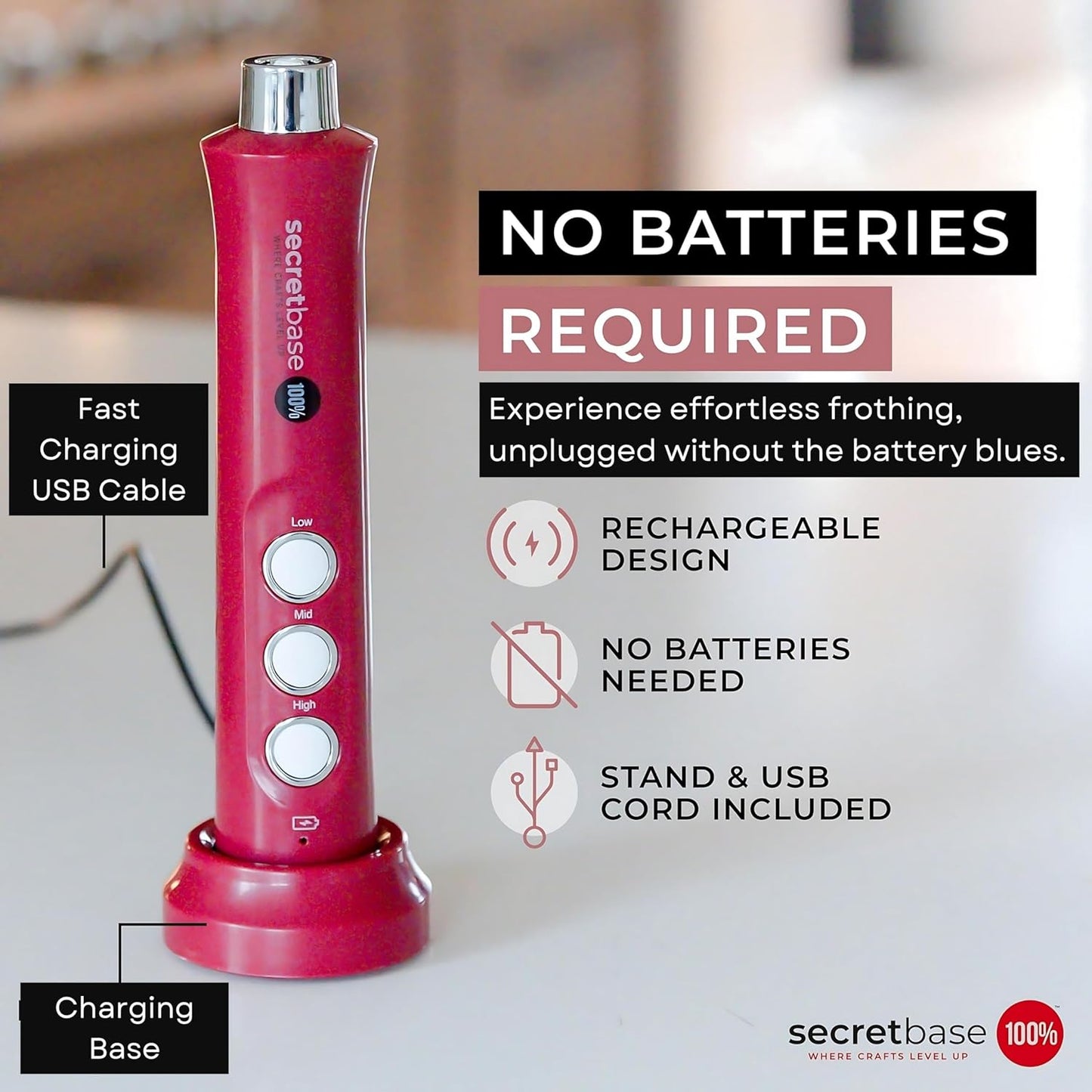 Secretbase Rechargeable Milk Frother Mixer, Pitcher and Charging Base - 3 Speed Handheld Foam Maker for Barista Style Coffee, Bulletproof Coffee, Keto Coffee and Matcha Latte