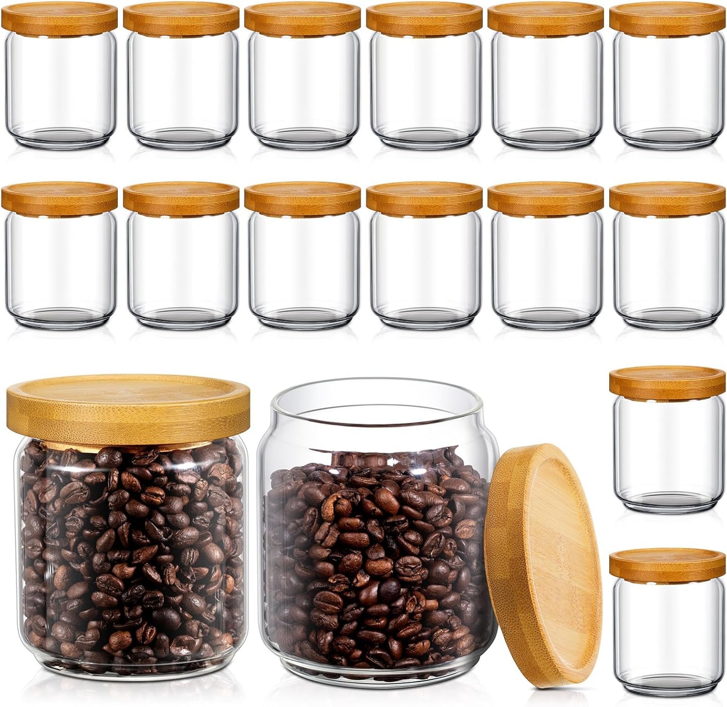 Irenare 16 Pcs 17 oz/ 500 ml Glass Canister Food Airtight Sealed Clear Borosilicate Glass Storage Jars with Lids Kitchen Spice Containers for Serving Coffee Sugar Tea Beans Candy Nuts Pantry (Bamboo)
