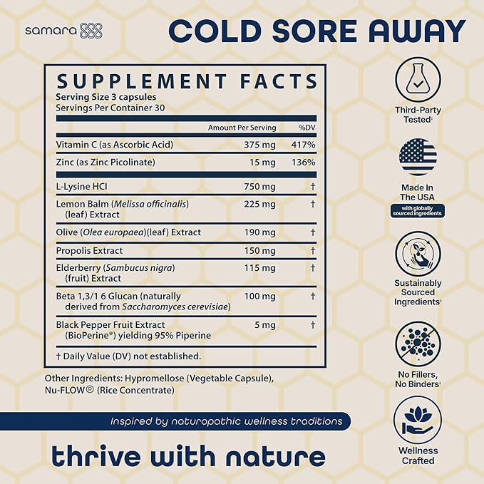 L Lysine Cold Sore Treatment Support, Herbal Cold Sore Supplement w/Zinc Picolinate, Olive Leaf Extract, Beta Glucan, & Bee Propolis for Skin & Lip Health, 90 Capsules-HarmonyPath Wellness