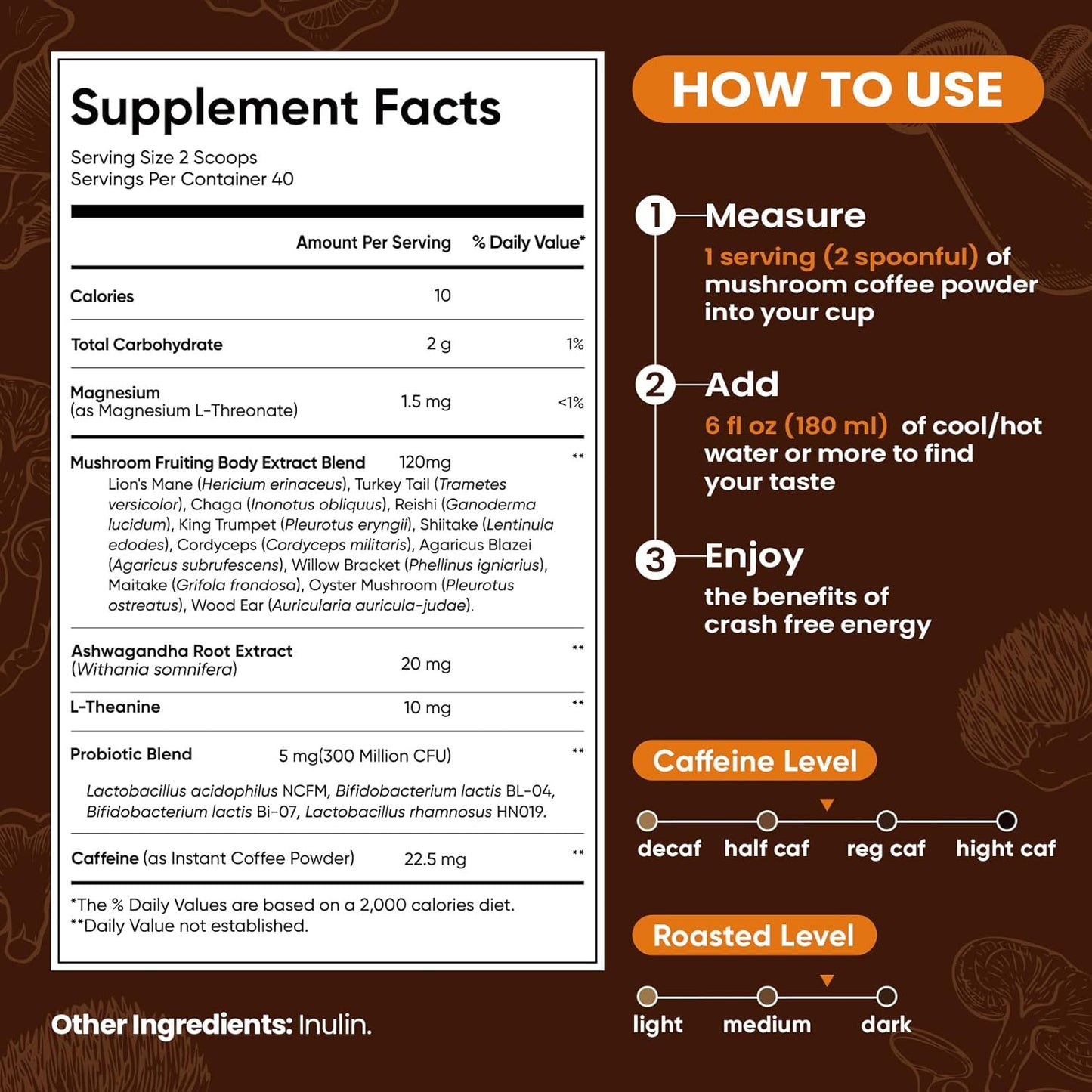 Venture Pal Mushroom Coffee with 12 Adaptogenic Functional Mushrooms with Ashwagandha, Lion's Mane, Chaga and Probiotics, 1200mg Mushrooms Instant Coffee for Focus, Digestion & Immunity - 40 Servings