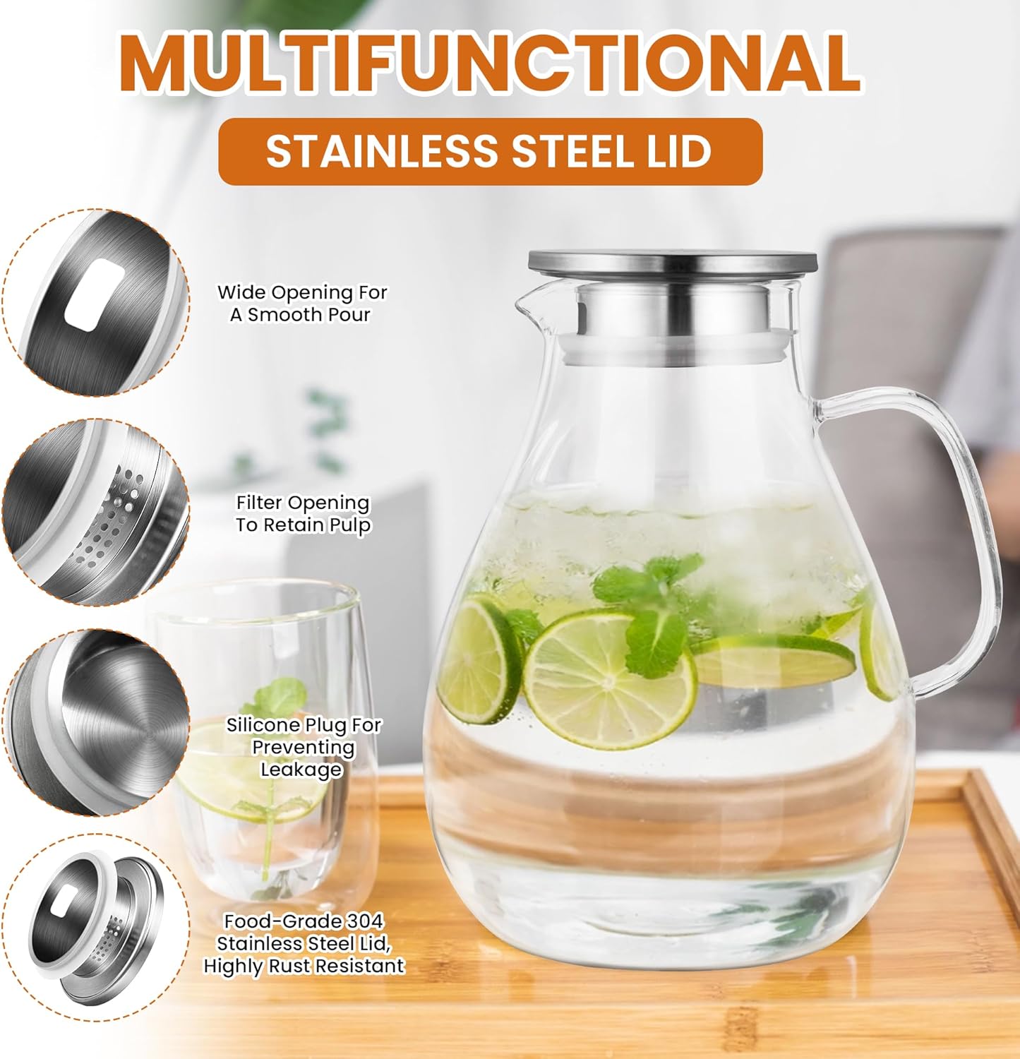 SUSTEAS 3 Litre 101oz Glass Pitcher Jar with Lid and Nozzle, 3.17Quart Cold/Hot Water Glass Water Bottle, Ice Tea for Refrigerator, Large Water Jar for Juice, Milk, Coffee or Homemade Drinks