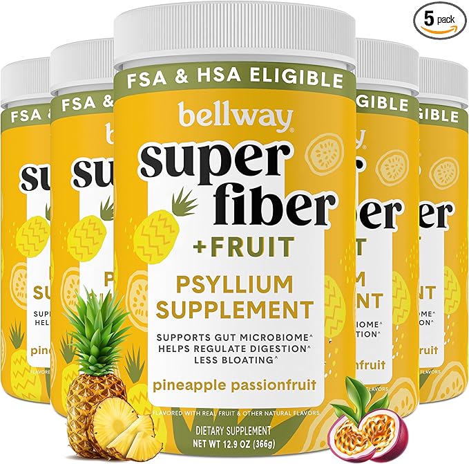 Bellway Super Fiber Powder + Fruit (5 Pack), Sugar Free Organic Psyllium Husk Powder Fiber Supplement for Regularity, Bloating Relief & Gut Health, Plant-Based, Pineapple Passion Fruit (250 Servings)