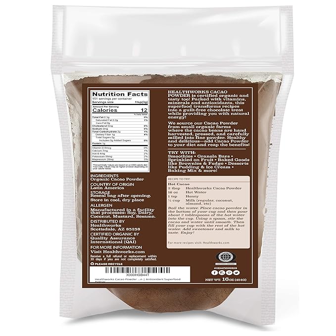 Healthworks Superfoods Organic Cacao Powder - 16 Oz / 1 Lb - Cocoa Chocolate Substitute - Rich Choclate Flavour - Sugar-Free, Keto, Vegan & Non-GMO - Peruvian Bean/Nut Origin - Antioxidant Superfood-HarmonyPath Wellness