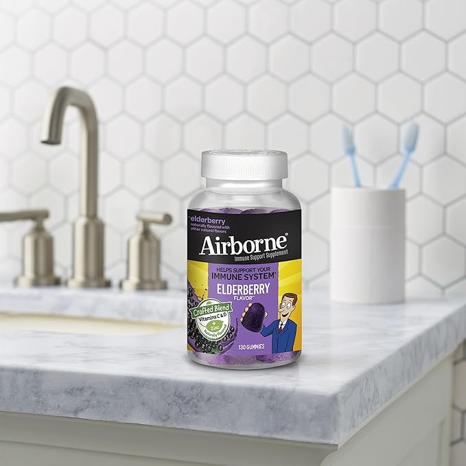 Airborne Elderberry + Zinc & Vitamin C Gummies for Adults, Immune Support with Antioxidants Vitamins C, D & E, 130 Count, Elderberry Flavor