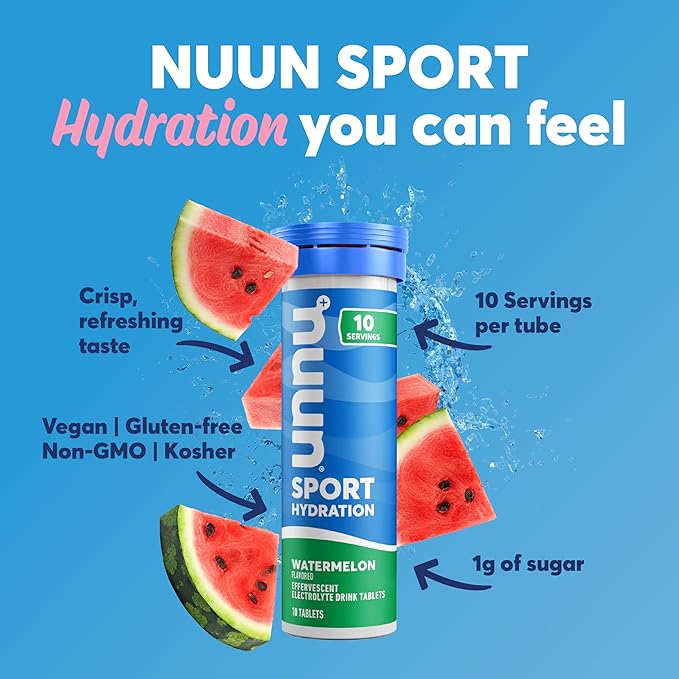 Nuun Sport Electrolyte Tablets - Dissolvable in Water, Watermelon, 5 Essential Electrolytes for Hydration, 1g Sugar Drink Mix, Vegan, Non-GMO, 8 Pack (80 Total Servings)