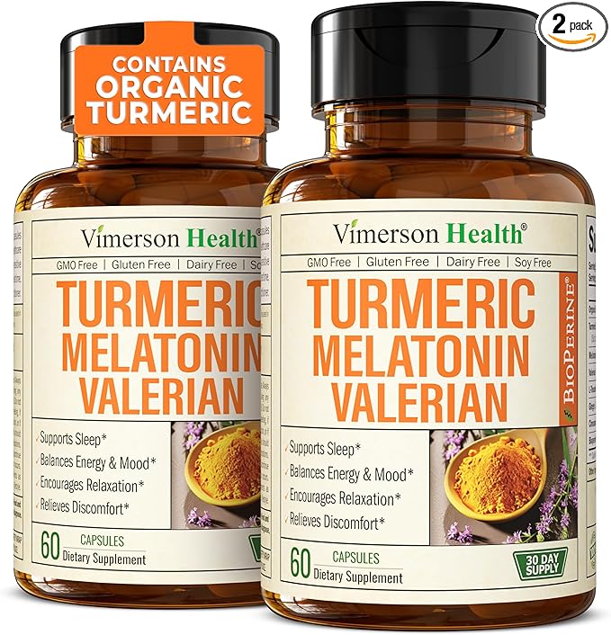 Turmeric, Melatonin & Valerian Root Sleep Aid Supplement. Natural Sleep Aid for Adults with L-Theanine, Ginger & Black Pepper Extract. Melatonin 3mg, Valerian Root Capsules. Relaxation Support. 2-Pack